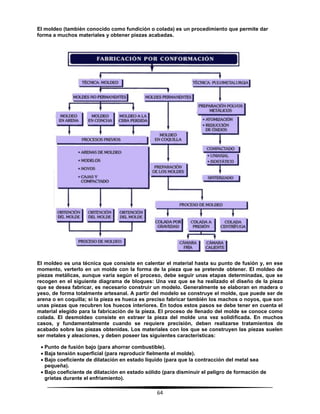 64
El moldeo (también conocido como fundición o colada) es un procedimiento que permite dar
forma a muchos materiales y obtener piezas acabadas.
El moldeo es una técnica que consiste en calentar el material hasta su punto de fusión y, en ese
momento, verterlo en un molde con la forma de la pieza que se pretende obtener. El moldeo de
piezas metálicas, aunque varía según el proceso, debe seguir unas etapas determinadas, que se
recogen en el siguiente diagrama de bloques: Una vez que se ha realizado el diseño de la pieza
que se desea fabricar, es necesario construir un modelo. Generalmente se elaboran en madera o
yeso, de forma totalmente artesanal. A partir del modelo se construye el molde, que puede ser de
arena o en coquilla; si la pieza es hueca es preciso fabricar también los machos o noyos, que son
unas piezas que recubren los huecos interiores. En todos estos pasos se debe tener en cuenta el
material elegido para la fabricación de la pieza. El proceso de llenado del molde se conoce como
colada. El desmoldeo consiste en extraer la pieza del molde una vez solidificada. En muchos
casos, y fundamentalmente cuando se requiere precisión, deben realizarse tratamientos de
acabado sobre las piezas obtenidas. Los materiales con los que se construyen las piezas suelen
ser metales y aleaciones, y deben poseer las siguientes características:
 Punto de fusión bajo (para ahorrar combustible).
 Baja tensión superficial (para reproducir fielmente el molde).
 Bajo coeficiente de dilatación en estado líquido (para que la contracción del metal sea
pequeña).
 Bajo coeficiente de dilatación en estado sólido (para disminuir el peligro de formación de
grietas durante el enfriamiento).
 
