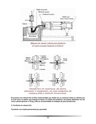 88
El proceso con cámara fría se lleva metal fundido por medio de un cucharón hasta un cilindro por
el cual corre un pistón que empuja al metal a la matriz de fundición, las piezas obtenidas son de
unos cuantos gramos a 10 kg y sólo es recomendable en trabajos de poca producción.
2. Fundición en cámara fría
Fundición con molde permanente por gravedad
 