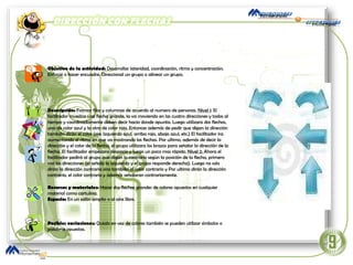 Objetivo de la actividad:  Desarrollar lateridad, coordinación, ritmo y concentración. Enfocar o hacer encuadre. Direccional un grupo o alinear un grupo.  Descripción:  Formar filas y columnas de acuerdo al numero de personas.  Nivel 1 : El facilitador muestra una flecha grande, la va moviendo en las cuatro direcciones y todos al tiempo y coordinadamente deben decir hacia donde apunta. Luego utilizara dos flechas, una de color azul y la otra de color rojo. Entonces además de pedir que digan la dirección también dirán el color (eje: Izquierdo azul, arriba rojo, abajo azul, etc.) El facilitador ira aumentando el ritmo en que va mostrando las flechas. Por ultimo, además de decir la dirección y el color de la flecha, el grupo utilizara los brazos para señalar la dirección de la flecha. El facilitador empezara despacio y luego un poco mas rápido.  Nivel 2:  Ahora el facilitador pedirá al grupo que digan lo contrario según la posición de la flecha, primero con las direcciones (el señala la izquierda y el grupo responde derecha). Luego no solo dirán la dirección contraria sino también el color contrario y Por ultimo dirán la dirección contraria, el color contrario y además señalaran contrariamente. Recursos y materiales:  Hacer dos flechas grandes de colores opuestos en cualquier material como cartulina. Espacio:  En un salón amplio o al aire libre. Posibles variaciones:  Quizás en vez de colores también se pueden utilizar símbolos o palabras opuestas. 