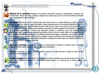 Objetivo de la actividad:  Disponer a la persona, emocional, corporal y mentalmente y generar una acercamiento. Hacer encuadre o enfoque; asegurar que todos sepan cual es el tema de interés. Entender que el aprendizaje es algo progresivo.  Descripción:  Primero se invita al grupo para que cada uno por su cuenta pasee por el salón sin algún rumbo fijo, primero de una manera pausada y luego paulatinamente se les propone acelerar el ritmo. En un momento dado quien dirige la dinámica da la orden de que cada uno se junte con el compañero que vea más próximo, de esta, manera todos estarán en parejas las cuales cambiaran de acuerdo a un numero de preguntas sugeridas. Se empieza por preguntas livianas o cotidianas como por ejemplo ¿Qué desayunaste hoy?, luego algunas preguntas personales, ¿Cuál ha sido tu mayor logro?; así secuencialmente se van haciendo diferentes preguntas con diferente pareja hasta llegar a preguntas mas profundas y por ultimo las preguntas referentes al tema que se trabaja. Luego se socializa lo mas relevante de las preguntas mas especificas y una manera de hacerlo es haciendo una grafica en donde cada uno simboliza sus ideas las cuales se expondrán a manera de galería.  Recursos y materiales:  Ninguno en especial, sin embargo para socializar es necesario tener a la mano fichas de cartulinas para repartir a los participantes y marcadores. Espacio:  Se necesita un espacio bastante amplio, puede ser un salón grande en donde no haya muchos pupitres o inclusive al aire libre. Posibles variaciones:  Quizás según la cantidad de personas es posible que se armen grupos de tres o de cuatro para socializar preguntas. La socialización puede hacerse a la manera que se quiera según su imaginación. 