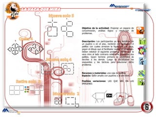 Objetivo de la actividad:  Propiciar un espacio de concentración, análisis lógico y resolución de problemas. Descripción:  Los participantes ya sea sentados en un pupitre o en el piso, recibirán del facilitador 13 palillos con cuales armaran la figura de una vaca, según el dibujo que el facilitador realice en el tablero. Deben resolver el siguiente problema: Harán que la vaca mire al lado contrario solamente moviendo dos palillos. Quien termine primero se abstendrá de decirles a los demás. Luego se socializaran las respuestas y las tácticas para solucionar dicho problema. Recursos y materiales:  una caja de palillos. Espacio:  Salón amplio con pupitres o al aire libre. Posibles variaciones:  LAS QUE VES EN LAS IMÁGENES  
