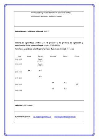 Universidad Regional Autónoma de los Andes, 2 años.
Universidad Técnica de Ambato, 6 meses.
Área Académica dentro de la carrera: Básica
Horario de aprendizaje asistido por el profesor y de prácticas de aplicación y
experimentación de los aprendizajes: martes 1100h-1300h.
Horario de aprendizaje asistido por el profesor (tutoría académica): dos horas
Hora Lunes Martes Miércoles Jueves Viernes
11:00-12:00 Tutoría
académica
12:00-13:00 Tutoría
académica
III A III A
13:00-14:00
III A
14:00-15:00
III B III A
15:00-16:00 III B
III B III B
16:00-17:00
Teléfonos: 0983574547
E-mail Institucional: gu.moreno@uta.edu.ec morenogmartin@gmail.com
 
