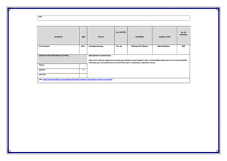 URL:
AUTOR/ES AÑO TÍTULO
No. EDICIÓN
EDITORIAL CIUDAD / PAÍS
No. de
PÁGINAS
Ira Fox Stuart 2011 Fisiología Humana 12a. ed. McGraw-Hill. México México/México 808
CODIGO/ UBICACIÓN BASE DE DATOS: BIBLIOGRAFIA COMENTADA:
Libro con un alcance amplio de los temas que incluye, su autor sugiere cubrir a profundidad cada tema con un nivel de detalle
suficiente para así proporcionar una base firme para la expansión y aplicación futura.
FISICO:
DIGITAL: X
VIRTUAL:
URL: http://www.freelibros.org/medicina/fisiologia-humana-12va-edicion-stuart-ira-fox.html
 