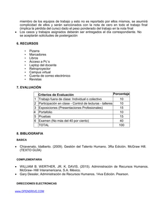 miembro de los equipos de trabajo y esto no es reportado por ellos mismos, se asumirá
complicidad de ellos y serán sancionados con la nota de cero en todo el trabajo final
(implica la pérdida del curso) dado el peso ponderado del trabajo en la nota final
 Los casos y trabajos asignados deberán ser entregados el día correspondiente. No
se aceptarán solicitudes de postergación
6. RECURSOS
• Pizarra
• Marcadores
• Libros
• Acceso a Pc´s
• Laptop del docente
• Retroproyector
• Campus virtual
• Cuenta de correo electrónico
• Revistas
7. EVALUACIÓN
Criterios de Evaluación Porcentaje
1 Trabajo fuera de clase: Individual o colectivo 10
2 Participación en clase - Control de lecturas - talleres 10
3 Exposiciones (Presentaciones Profesionales) 15
4 Portafolio 10
5 Pruebas 15
6 Examen (No más del 40 por ciento) 40
TOTAL 100
8. BIBLIOGRAFIA
BASICA
 Chiavenato, Idalberto. (2009). Gestión del Talento Humano. 3Ra Edición. McGraw Hill.
(TEXTO GUÍA)
COMPLEMENTARIA
 WILLIAM B. WERTHER, JR. K. DAVIS. (2015). Administración de Recursos Humanos.
McGraw- Hill/ Interamericana, S.A. México.
 Gary Dessler, Administración de Recursos Humanos. 14va Edición. Pearson.
DIRECCIONES ELECTRONICAS
www.OPENDRIVE.COM
 