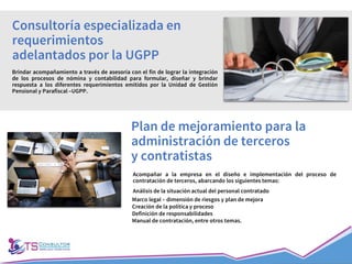 Brindar acompañamiento a través de asesoría con el fin de lograr la integración
de los procesos de nómina y contabilidad para formular, diseñar y brindar
respuesta a los diferentes requerimientos emitidos por la Unidad de Gestión
Pensional y Parafiscal –UGPP.
Consultoría especializada en
requerimientos
adelantados por la UGPP
Acompañar a la empresa en el diseño e implementación del proceso de
contratación de terceros, abarcando los siguientes temas:
Análisis de la situación actual del personal contratado
Plan de mejoramiento para la
administración de terceros
y contratistas
Marco legal – dimensión de riesgos y plan de mejora
Creación de la política y proceso
Definición de responsabilidades
Manual de contratación, entre otros temas.
 