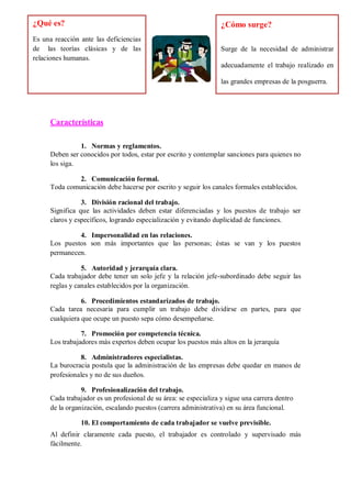 Características
1. Normas y reglamentos.
Deben ser conocidos por todos, estar por escrito y contemplar sanciones para quienes no
los siga.
2. Comunicación formal.
Toda comunicación debe hacerse por escrito y seguir los canales formales establecidos.
3. División racional del trabajo.
Significa que las actividades deben estar diferenciadas y los puestos de trabajo ser
claros y específicos, logrando especialización y evitando duplicidad de funciones.
4. Impersonalidad en las relaciones.
Los puestos son más importantes que las personas; éstas se van y los puestos
permanecen.
5. Autoridad y jerarquía clara.
Cada trabajador debe tener un solo jefe y la relación jefe-subordinado debe seguir las
reglas y canales establecidos por la organización.
6. Procedimientos estandarizados de trabajo.
Cada tarea necesaria para cumplir un trabajo debe dividirse en partes, para que
cualquiera que ocupe un puesto sepa cómo desempeñarse.
7. Promoción por competencia técnica.
Los trabajadores más expertos deben ocupar los puestos más altos en la jerarquía
8. Administradores especialistas.
La burocracia postula que la administración de las empresas debe quedar en manos de
profesionales y no de sus dueños.
9. Profesionalización del trabajo.
Cada trabajador es un profesional de su área: se especializa y sigue una carrera dentro
de la organización, escalando puestos (carrera administrativa) en su área funcional.
10. El comportamiento de cada trabajador se vuelve previsible.
Al definir claramente cada puesto, el trabajador es controlado y supervisado más
fácilmente.
¿Qué es?
Es una reacción ante las deficiencias
de las teorías clásicas y de las
relaciones humanas.
¿Cómo surge?
Surge de la necesidad de administrar
adecuadamente el trabajo realizado en
las grandes empresas de la posguerra.
 