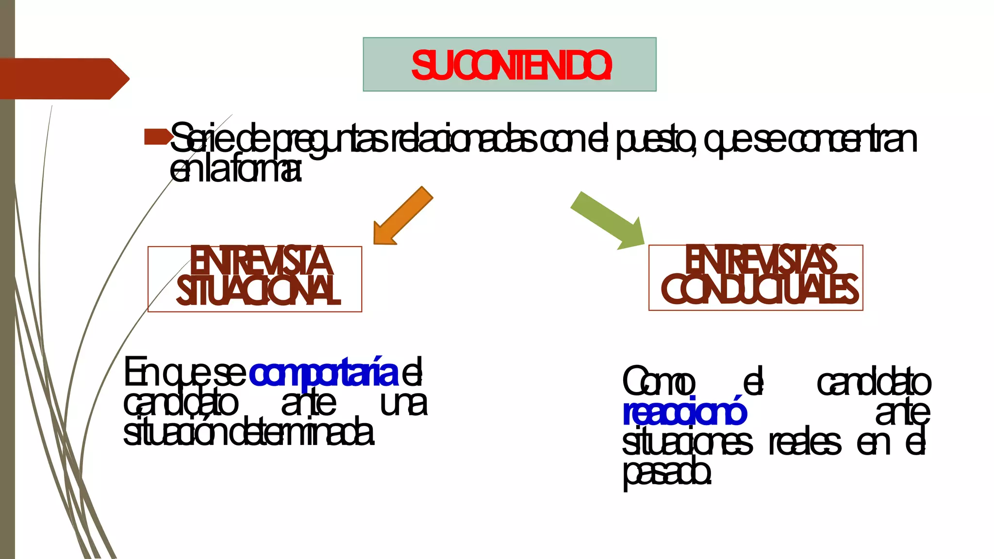 SUCONTENIDO:
Seriedepreguntasrelacionadasconelpuesto,queseconcentran
enlaforma:
ENTREVISTA
SITUACIONAL
ENTREVISTAS
CONDUCTUALES
Enquesecomportaríael
candidato ante una
situacióndeterminada.
Como el candidato
reaccionó ante
situaciones reales en el
pasado.
 