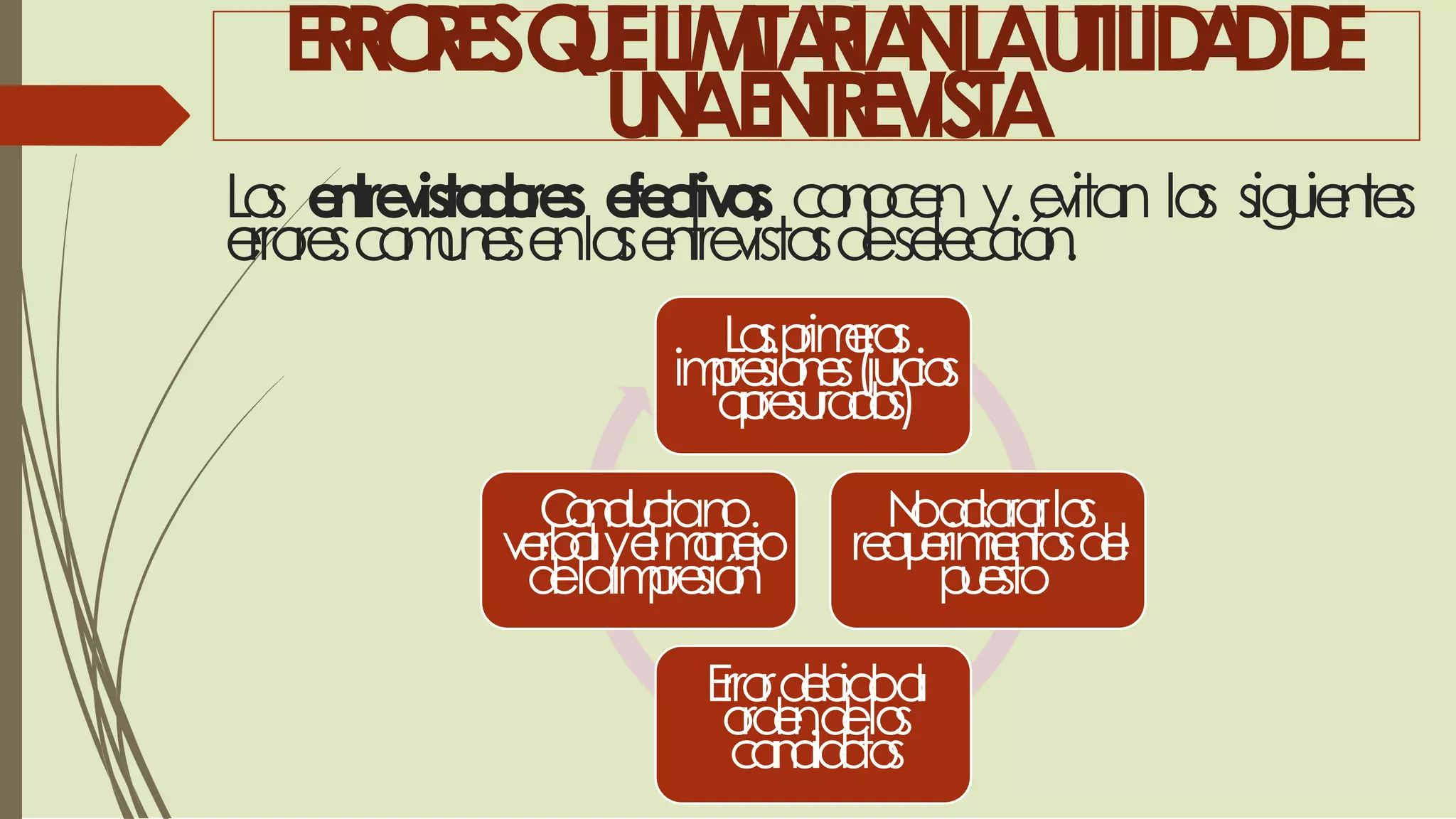 ERRORESQUELIMITARÍANLAUTILIDADDE
UNAENTREVISTA
Los entrevistadores efectivos conocen y evitan los siguientes
errorescomunesenlasentrevistasdeselección.
Lasprimeras
impresiones(juicios
apresurados)
Conductano
verbalyelmanejo
delaimpresión
Noaclararlos
requerimientosdel
puesto
Errordebidoal
ordendelos
candidatos
 