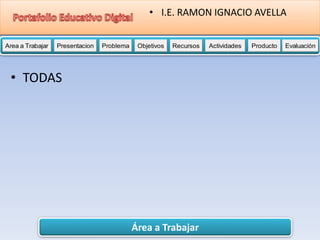 • I.E. RAMON IGNACIO AVELLA 
Area a Trabajar Presentacion Problema Objetivos Recursos Actividades Producto Evaluación 
Área a Trabajar 
• TODAS 
 
