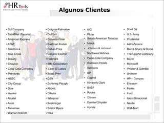 Algunos Clientes
• 3M Company
• SabMiller (Bavaria)
• American Express
• AT&T
• Telefónica
• Blue Cross
• Boeing
• Chevron
• Coca-Cola Company
• Petrobras
• HSBC
• City Group
• Dow
• Henkel
• Alcatel
• Avon
• Banamex
• Warner Chilcott
• MCI
• Pfizer
• British American Tobacco
• Merck
• Johnson & Johnson
• Northwest Airlines
• Pepsi-Cola Company
• Radisson Hotels
• Siemens
• BP
• Castrol
• Kimberly Clark
• BASF
• Roche
• Citroen
• DaimlerChrysler
• Honda
• Colgate-Palmolive
• DuPont
• Cerveza Polar
• Eastman Kodak
• Fisher-Price
• General Electric
• Hallmark
• IBM Corporation
• Land O´Lakes
• Brasil Prev
• GSK
• Schering Plough
• Abbott
• Gillette
• Whirpool
• Boehringer
• Bristol Myers
• Nike
• Shell Oil
• U.S. Army
• Prudential
• AstraZeneca
• Merck Sharp & Dome
• The Upjohn Company
• Bayer
• Microsoft
• Procter & Gamble
• Unilever
• HP – Compac
• Ericsson
• Fedex
• Ford
• Itaipú Binacional
• Nestle
• Wall-Mart
 