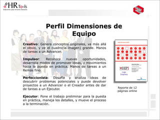 Perfil Dimensiones de
Equipo
Reporte de 12
páginas online
Creativo: Genera conceptos originales, va más allá
el obvio, y ve el cuadro(la imagen) grande. Manos
de tareas a un Advancer.
Impulsor: Reconoce nuevas oportunidades,
desarrolla modos de promover ideas, y movimientos
hacia la puesta en práctica. Manos de tareas a un
Remás fino.
Perfeccionista: Desafía y analiza ideas de
descubrir problemas potenciales y puede devolver
proyectos a un Advancer o el Creador antes de dar
de tareas a un Ejecutor.
Ejecutor: Pone el trabajo preliminar para la puesta
en práctica, maneja los detalles, y mueve el proceso
a la terminación.
 
