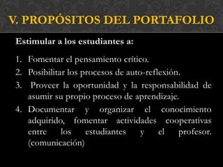 V. PROPÓSITOS DEL PORTAFOLIO
Estimular a los estudiantes a:
1. Fomentar el pensamiento crítico.
2. Posibilitar los procesos de auto-reflexión.
3. Proveer la oportunidad y la responsabilidad de
   asumir su propio proceso de aprendizaje.
4. Documentar y organizar el conocimiento
   adquirido, fomentar actividades cooperativas
   entre     los    estudiantes    y    el   profesor.
   (comunicación)
 