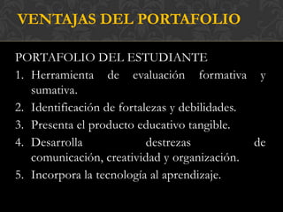 VENTAJAS DEL PORTAFOLIO

PORTAFOLIO DEL ESTUDIANTE
1. Herramienta de evaluación formativa y
   sumativa.
2. Identificación de fortalezas y debilidades.
3. Presenta el producto educativo tangible.
4. Desarrolla              destrezas           de
   comunicación, creatividad y organización.
5. Incorpora la tecnología al aprendizaje.
 
