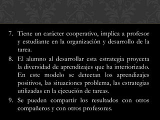 7. Tiene un carácter cooperativo, implica a profesor
   y estudiante en la organización y desarrollo de la
   tarea.
8. El alumno al desarrollar esta estrategia proyecta
   la diversidad de aprendizajes que ha interiorizado.
   En este modelo se detectan los aprendizajes
   positivos, las situaciones problema, las estrategias
   utilizadas en la ejecución de tareas.
9. Se pueden compartir los resultados con otros
   compañeros y con otros profesores.
 