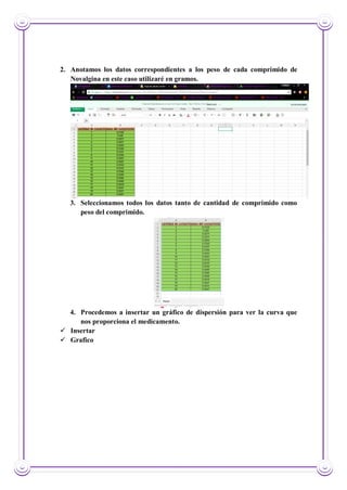 2. Anotamos los datos correspondientes a los peso de cada comprimido de
Novalgina en este caso utilizaré en gramos.
3. Seleccionamos todos los datos tanto de cantidad de comprimido como
peso del comprimido.
4. Procedemos a insertar un gráfico de dispersión para ver la curva que
nos proporciona el medicamento.
 Insertar
 Grafico
 