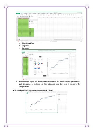  Tipo de gráfico.
 Disperso
 Aceptar.
5. Modificamos según los datos correspondientes del medicamento para saber
qué dirección o posición de los números son del peso y numero de
comprimido.
Clic en el grafico opciones avanzadas  Editar.
 