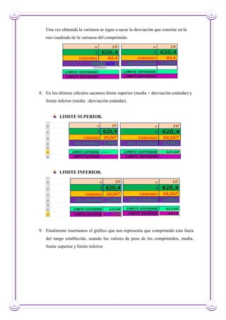 Una vez obtenida la varianza se sigue a sacar la desviación que consiste en la
raíz cuadrada de la varianza del comprimido.
8. En los últimos cálculos sacamos límite superior (media + desviación estándar) y
límite inferior (media –desviación estándar).
LIMITE SUPERIOR.
LIMITE INFERIOR.
9. Finalmente insertamos el gráfico que nos representa que comprimido esta fuera
del rango establecido, usando los valores de peso de los comprimidos, media,
límite superior y límite inferior.
 