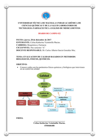 UNIVERSIDAD TÉCNICA DE MACHALA UNIDAD ACADÉMICA DE
CIENCIAS QUÍMICAS Y DE LA SALUD LABORATORIO DE
TECNOLOGIA FARMACEUTICA ANÁLISIS DE MEDICAMENTOS
DIARIO DE CAMPO #22
FECHA: jueves, 28 de diciembre de 2017
ESTUDIANTE: Celina Katherine Veintimilla Macias.
CARRERA: Bioquímica y Farmacia
CICLO/NIVEL: 9no semestre “A”
DOCENTE RESPONSABLE: Dr. Carlos Alberto García González Msc.
TEMA: EVALUACION DE CALIDAD BASADOS EN METODODS
BIOLOGICOS, FISICOS, QUIMICOS.
OBJETIVO:
 Conocer cuáles son los parámetros físicos químicos y biológicos que intervienen
en un control de calidad.
FIRMA
_______________________________
Celina Katherine Veintimilla Macías.
0705606408
 