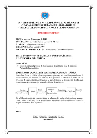 UNIVERSIDAD TÉCNICA DE MACHALA UNIDAD ACADÉMICA DE
CIENCIAS QUÍMICAS Y DE LA SALUD LABORATORIO DE
TECNOLOGIA FARMACEUTICA ANÁLISIS DE MEDICAMENTOS
DIARIO DE CAMPO #29
FECHA: martes, 23 de enero de 2018
ESTUDIANTE: Celina Katherine Veintimilla Macias.
CARRERA: Bioquímica y Farmacia
CICLO/NIVEL: 9no semestre “A”
DOCENTE RESPONSABLE: Dr. Carlos Alberto García González Msc.
TEMA: EVALUACION DE CALIDAD A BASE DE PATRONES
APLICANDO LA ESTADISTICA
OBJETIVO:
 conocer cuál es el proceso de la evaluación de calidad a base de patrones
Aplicando la estadística.
EVALUACIÓN DE CALIDAD A BASE DE PATRONES APLICANDO ESTADÍSTICA.
La evaluación de la calidad a base de patrones aplicando a la estadística consiste en el
reconocimiento de patrones de señales. Los patrones se obtienen a partir de los
procesos de segmentación, extracción de características y descripción donde cada
objeto queda representado por una colección de descriptores.
De allí la extracción de características en el caso del jarabe el ejemplo es; envase,
color, sabor, peso, entre otros, y finalmente la etapa de toma de decisiones donde se
asigna si es válido para el público.
.
FIRMA
_______________________________
Celina Katherine Veintimilla Macías.
0705606408
 