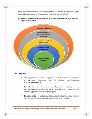 “Solamente la dosis permite clasificar una sustancia venenosa” Paracelso. Página 11
forma de calcio aumenta el flujo plasmático renal, la diuresis, natriuresis,45 la tasa
de filtrado glomerular,6 la prostaglandina E2 y los niveles de alfa-F1.
4. Realizar una mándala con la acción del Calcio en la solución inyectable del
Gluconato de calcio.
15. GLOSARIO.
 Ácido glucónico.- es un ácido orgánico de fórmula molecular C6H12O7 que
se representa igualmente bajo la fórmula semi-condensada
HOCH2(CHOH)4COOH.
 Hipocalcemia.- es el trastorno hidroelectrolítico consistente en un
nivel sérico de calcio total menor de 2.1 mmol/L u 8.5 mg/dL en seres
humanos, y presenta efectos fisiopatológicos.
 Hiperpotasemia.- es un trastorno hidroelectrolítico que se define como un
nivel elevado de potasio plasmático, por encima de 5.5 mmol/L.
Regular la liberación
Almacenamiento de
neurotransmisores y
hormonas,
La captación y unión de
aminoácidos
La absorción de
vitamina B12
La secreción de
gastrina.
 