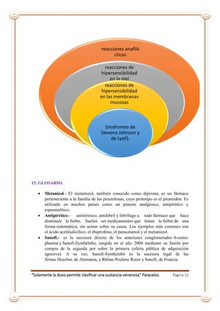 “Solamente la dosis permite clasificar una sustancia venenosa” Paracelso. Página 12
15. GLOSARIO.
 Metanizol.- El metamizol, también conocido como dipirona, es un fármaco
perteneciente a la familia de las pirazolonas, cuyo prototipo es el piramidón. Es
utilizado en muchos países como un potente analgésico, antipirético y
espasmolítico.
 Antipirético.- antitérmico, antifebril y febrífugo a todo fármaco que hace
disminuir la fiebre. Suelen ser medicamentos que tratan la fiebre de una
forma sintomática, sin actuar sobre su causa. Los ejemplos más comunes son
el ácido acetilsalicílico, el ibuprofeno, el paracetamol y el metamizol.
 Sanofi.- es la sucesora directa de los anteriores conglomerados Aventis-
pharma y Sanofi-Synthélabo, surgida en el año 2004 mediante su fusión por
compra de la segunda por sobre la primera (oferta pública de adquisición
agresiva). A su vez, Sanofi-Synthelabó es la sucesora legal de las
firmas Hoechst, de Alemania, y Rhône-Poulenc Rorer y Sanofi, de Francia.
reacciones anafilá
cticas
reacciones de
hipersensibilidad
en la piel
reacciones de
hipersensibilidad
en las membranas
mucosas
(síndromes de
Stevens-Johnson y
de Lyell).
 