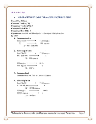 “Solamente la dosis permite clasificar una sustancia venenosa” Paracelso. Página 7
10. CALCULOS.
 VALORACIÓN CON NaOH PARA ÁCIDO ASCÓRBICO PURO
Conc. P.A.: 500 mg
Consumo Teórico (CT): ?
Porcentaje Teorico (PR): ?
Consumo Real (CR): ?
Porcentaje Real (PR): ?
Equivalente: 1 mL de NaOH es igual a 17.61 mg de Principio activo
K: 1.004
1. Consumo teórico
1 mL NaOH 17.61 mg p.a
X 100 mg p.a.
X = 5.67 ml NaOH
2. Porcentaje teórico
1 mL NaOH 17.61 mg p.a
5.67 ml NaOH x
X = 99.8 mg p.a.
100 mg p.a. 100 %
99.8 mg p.a. x
X = 99.8 %
3. Consumo Real
Consumo real = 6.2 ml x 1.004 = 6.2248 ml
4. Porcentaje Real
1 mL NaOH 17.61 mg p.a
6.2248 mL p.a. x
X = 109.61 mg p.a.
100 mg p.a. 100 %
109.61 mg p.a. x
X = 109.61%
 