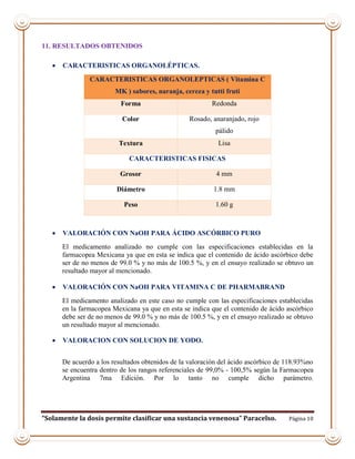 “Solamente la dosis permite clasificar una sustancia venenosa” Paracelso. Página 10
11. RESULTADOS OBTENIDOS
 CARACTERISTICAS ORGANOLÉPTICAS.
CARACTERISTICAS ORGANOLEPTICAS ( Vitamina C
MK ) sabores, naranja, cereza y tutti fruti
Forma Redonda
Color Rosado, anaranjado, rojo
pálido
Textura Lisa
CARACTERISTICAS FISICAS
Grosor 4 mm
Diámetro 1.8 mm
Peso 1.60 g
 VALORACIÓN CON NaOH PARA ÁCIDO ASCÓRBICO PURO
El medicamento analizado no cumple con las especificaciones establecidas en la
farmacopea Mexicana ya que en esta se indica que el contenido de ácido ascórbico debe
ser de no menos de 99.0 % y no más de 100.5 %, y en el ensayo realizado se obtuvo un
resultado mayor al mencionado.
 VALORACIÓN CON NaOH PARA VITAMINA C DE PHARMABRAND
El medicamento analizado en este caso no cumple con las especificaciones establecidas
en la farmacopea Mexicana ya que en esta se indica que el contenido de ácido ascórbico
debe ser de no menos de 99.0 % y no más de 100.5 %, y en el ensayo realizado se obtuvo
un resultado mayor al mencionado.
 VALORACION CON SOLUCION DE YODO.
De acuerdo a los resultados obtenidos de la valoración del ácido ascórbico de 118.93%no
se encuentra dentro de los rangos referenciales de 99,0% - 100,5% según la Farmacopea
Argentina 7ma Edición. Por lo tanto no cumple dicho parámetro.
 