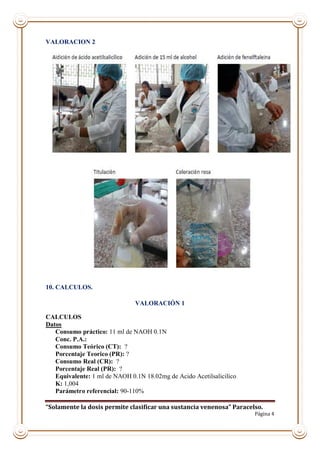 “Solamente la dosis permite clasificar una sustancia venenosa” Paracelso.
Página 4
VALORACION 2
10. CALCULOS.
VALORACIÓN 1
CALCULOS
Datos
Consumo práctico: 11 ml de NAOH 0.1N
Conc. P.A.:
Consumo Teórico (CT): ?
Porcentaje Teorico (PR): ?
Consumo Real (CR): ?
Porcentaje Real (PR): ?
Equivalente: 1 ml de NAOH 0.1N 18.02mg de Acido Acetilsalicilico
K: 1,004
Parámetro referencial: 90-110%
 