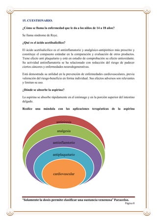 “Solamente la dosis permite clasificar una sustancia venenosa” Paracelso.
Página 8
15. CUESTIONARIO.
¿Cómo se llama la enfermedad que le da a los niños de 14 a 18 años?
Se llama síndrome de Reye.
¿Qué es el ácido acetilsalicílico?
El ácido acetilsalicílico es el antiinflamatorio y analgésico-antipirético más prescrito y
constituye el compuesto estándar en la comparación y evaluación de otros productos.
Tiene efecto anti plaquetario y está en estudio de comprobación su efecto antioxidante.
Su actividad antiinflamatoria se ha relacionado con reducción del riesgo de padecer
ciertos cánceres y enfermedades neurodegenerativas.
Está demostrada su utilidad en la prevención de enfermedades cardiovasculares, previa
valoración del riesgo-beneficio en forma individual. Sus efectos adversos son relevantes
y limitan su uso.
¿Dónde se absorbe la aspirina?
La aspirina se absorbe rápidamente en el estómago y en la porción superior del intestino
delgado.
Realice una mándala con las aplicaciones terapéuticas de la aspirina
antipiresis
analgesia
antiinflamtorio
antiplaquetario
cardiovascular
 