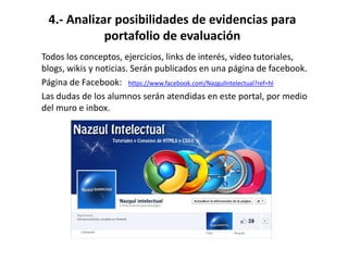 Todos los conceptos, ejercicios, links de interés, video tutoriales,
blogs, wikis y noticias. Serán publicados en una página de facebook.
Página de Facebook: https://www.facebook.com/NazgulIntelectual?ref=hl
Las dudas de los alumnos serán atendidas en este portal, por medio
del muro e inbox.
4.- Analizar posibilidades de evidencias para
portafolio de evaluación
 