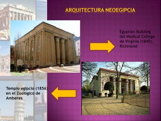 Egyptian Building
del Medical College
de Virginia (1845),
Richmond
Templo egipcio (1856)
en el Zoológico de
Amberes
 