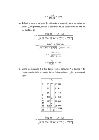 b) Calcule r para el conjunto B, utilizando la ecuación para los datos en
   bruto. ¿Qué prefiere, utilizar la ecuación de los datos en bruto o la de
   los puntajes z?




c) Sume la constante 5 a los datos x en el conjunto A y calcule r de
   nuevo, mediante la ecuación de los datos en bruto. ¿Ha cambiado el
   valor?

                                    A

                         X     X2   Y   Y2 XY

                               36       1   6

                               81       4   18
                         6         1
                         9     100 2    9   30
                         10    225 3    16 60
                         15        4
                         18    324 5    25 90
                               766      55 204
                         58        15
 