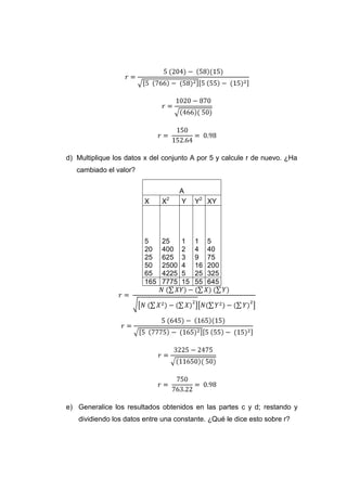 d) Multiplique los datos x del conjunto A por 5 y calcule r de nuevo. ¿Ha
   cambiado el valor?


                                     A
                               2
                        X     X      Y    Y2 XY




                        5     25     1    1    5
                        20    400    2    4    40
                        25    625    3    9    75
                        50    2500   4    16   200
                        65    4225   5    25   325
                        165   7775   15   55   645




e) Generalice los resultados obtenidos en las partes c y d; restando y
   dividiendo los datos entre una constante. ¿Qué le dice esto sobre r?
 