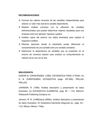 RECOMENDACIONES

 Conocer los valores correctos de las variables independientes para
   obtener un valor más real de la variable dependiente.
 Realizar    análisis     correctos        con   la   utilización   de   variables
   bidimensionales que pueden determinar mejores resultados para una
   empresa como por ejemplo: ingresos y gastos.
 Analizar casos del entorno con datos bivariados para realizar el
   respectivo análisis.
 Efectuar    ejercicios    donde      el    estudiante    pueda     diferenciar   el
   comportamiento de una variable ante una variable constante.
 Determinar la dependencia de variables que se presentan en el
   entorno de comercio exterior para analizar su comportamiento en
   relación de la una con la otra.




BIBLIOGRAFÍA
HOWAR B. CHRISTENSEN. (1990). ESTADISTICA PASO A PASO. En
H. B. CHRISTENSEN, ESTADISTICA (págs. 557-590). TRILLAS:
TRILLAS.

JOHNSON, R. (1990). Análisis descriptívo y presentación de datos
bivariados. En ESTADÍSTICA ELEMENTAL (pág. 82 ~ 112). Belmont:
Wadsworth Publishing Company Inc.

Johnson, R. R. ((1990(reimp 2009))). Análisis descriptivo y presentación
de datos bivariados. En Estadística Elemental (Segunda ed., págs. 83 -
112). México, México: Trillas.
 