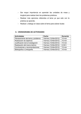 -   Dar mayor importancia en aprender las unidades de masa y
       longitud para realizar bien los problemas prácticos.
   -   Realizar más ejercicios referentes al tema ya que solo con la
       práctica se aprende.
   -   Realizar u dialogo en clase sobre el tema para aclarar dudas




8. CRONOGRAMA DE ACTIVIDADES

Actividades                            Fecha                   Duración
Planteamiento del tema y problema      Viernes (13/Abr/2012)   10 min
Realización de objetivos               Viernes (13/Abr/2012)   10 min
Justificación de la investigación      Viernes (13/Abr/2012)   10 min
Realización del marco teórico          Viernes (13/Abr/2012)   2:30 h
Conclusiones y recomendaciones         Viernes (13/Abr/2012)   15 min
Bibliografía o Linkografía             Viernes (13/Abr/2012)   10 min
 