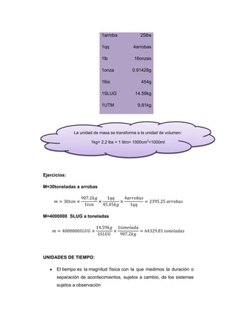 1arroba          25lbs

                              1qq           4arrobas

                              1lb           16onzas

                              1onza        0.91428g

                              1lbs              454g

                              1SLUG          14.59kg

                              1UTM            9.81kg




              La unidad de masa se transforma a la unidad de volumen:
Ejercicios:           1kg= 2,2 lbs = 1 litro= 1000cm3=1000ml




Ejercicios:

M=30toneladas a arrobas




M=4000000 SLUG a toneladas




UNIDADES DE TIEMPO:

      El tiempo es la magnitud física con la que medimos la duración o
      separación de acontecimientos, sujetos a cambio, de los sistemas
      sujetos a observación
 