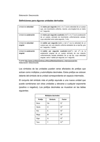 Elaboración: Desconocido


Definiciones para algunas unidades derivadas

                                                                       -1
Unidad de velocidad             Un metro por segundo (m/s o m s ) es la velocidad de un cuerpo
                                que, con movimiento uniforme, recorre, una longitud de un metro
                                en 1 segundo
                                                                            2        -2
Unidad de aceleración           Un metro por segundo cuadrado (m/s o m s ) es la aceleración
                                de un cuerpo, animado de movimiento uniformemente variado,
                                cuya velocidad varía cada segundo, 1 m/s.
                                                                            -1
Unidad de velocidad             Un radián por segundo (rad/s o rad s ) es la velocidad de un
angular                         cuerpo que, con una rotación uniforme alrededor de un eje fijo, gira
                                en 1 segundo, 1 radián.
                                                                                 2        -2
Unidad de aceleración           Un radián por segundo cuadrado (rad/s o rad s ) es la
angular                         aceleración angular de un cuerpo animado de una rotación
                                uniformemente variada alrededor de un eje fijo, cuya velocidad
                                angular, varía 1 radián por segundo, en 1 segundo.

Fuente:http://www.profesorenlinea.cl/fisica/MedidasSistema_internacional.htm
Elaboración: Desconocido


Los símbolos de las unidades pueden verse afectados de prefijos que
actúan como múltiplos y submúltiplos decimales. Estos prefijos se colocan
delante del símbolo de la unidad correspondiente sin espacio intermedio.

El conjunto del símbolo más el prefijo equivale a una nueva unidad que
puede combinarse con otras unidades y elevarse a cualquier exponente
(positivo o negativo). Los prefijos decimales se muestran en las tablas
siguientes:

                                       Múltiplos decimales

                          Prefijo              Símbolo            Factor

                                                                  1
                        Deca              Da                 10
                                                                  2
                        Hecto             H                  10

                                                                  3
                        Kilo              K                  10
                                                                  6
                        Mega              M                  10

                                                                  9
                        Giga              G                  10
                                                                  12
                        Tera              T                  10
 