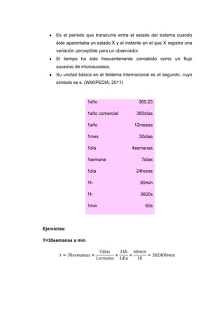Es el período que transcurre entre el estado del sistema cuando
      éste aparentaba un estado X y el instante en el que X registra una
      variación perceptible para un observador.
      El tiempo ha sido frecuentemente concebido como un flujo
      sucesivo de microsucesos.
      Su unidad básica en el Sistema Internacional es el segundo, cuyo
      símbolo es s. (WIKIPEDIA, 2011)



                     1año                     365.25

                     1año comercial          360días

                     1año                   12meses

                     1mes                     30días

                     1día                  4semanas

                     1semana                      7días

                     1día                    24horas

                     1h                           60min

                     1h                           3600s

                     1min                           60s




Ejercicios:

T=30semanas a min
 