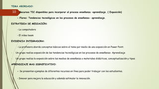 TEMA ABORDADO:
- Recursos TIC disponibles para incorporar al proceso enseñanza –aprendizaje. ( Exposición)
- Flores: Tendencias tecnológicas en los procesos de enseñanza- aprendizaje.
ESTRATEGIA DE MEDIACIÓN:
- La computadora
- El video beam
EVIDENCIA INTEGRADORA:
- La profesora aborda conceptos básicos sobre el tema por medio de una exposición en Power Point.
- Un grupo realiza exposición de las tendencias tecnológicas en los procesos de enseñanza- Aprendizaje
- Un grupo realiza la exposición sobre los medios de enseñanza o materiales didácticos, conceptualización y tipos.
APRENDIZAJE MAS SIGNIFICATIVO:
- Se presentan ejemplos de diferentes recursos en línea para poder trabajar con los estudiantes.
- Innovar para mejora la educación y además estimular la innovación.
10
 