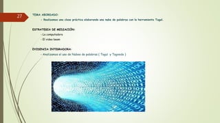 TEMA ABORDADO:
- Realizamos una clase práctica elaborando una nube de palabras con la herramienta Tagul.
ESTRATEGIA DE MEDIACIÓN:
- La computadora
- El video beam
EVIDENCIA INTEGRADORA:
- Analizamos el uso de Nubes de palabras ( Tagul y Tagxedo )
27
 