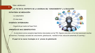 TEMA ABORDADO:
LAS TIC EN EL CONTEXTO DE LA SOCIEDAD DEL “CONOCIMIENTO” y la EDUCACIÒN
ESTRATEGIA DE MEDIACIÓN:
- La computadora
- El video beam
EVIDENCIA INTEGRADORA:
- Exposición por medio de Power Point.
APRENDIZAJE MAS SIGNIFICATIVO:
- Se abordaron varios conceptos importantes relacionados con las TIC. Algunos conocidos y otros mas nuevos para muchos
de nosotros ( Tecnología, sociedad del conocimiento, globalización, realidad virtual, educación aumentada, E-Learning )
El papel de las nuevas tecnologías en el proceso de globalización
8
 