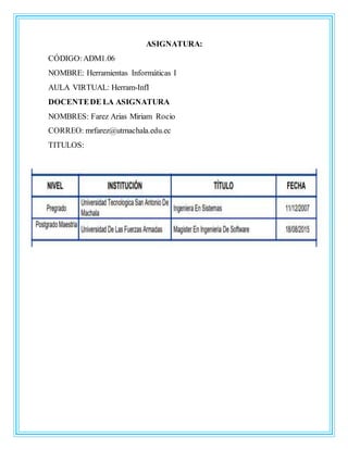 ASIGNATURA:
CÓDIGO:ADM1.06
NOMBRE: Herramientas Informáticas I
AULA VIRTUAL: Herram-InfI
DOCENTEDE LA ASIGNATURA
NOMBRES: Farez Arias Miriam Rocio
CORREO: mrfarez@utmachala.edu.ec
TITULOS:
 