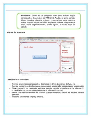 Interfaz del programa
Características Generales
 Permite crear mapas conceptuales, diagramas de árbol, diagramas de flujo, etc.
 Permite compartir on-line los mapas conceptuales y desarrollar estrategias de colaboración.
 Tiene integrado un navegador web que permite mezclar cómodamente la información
contenida en los mapas conceptuales con la información en red.
 Ofrece una web social donde los usuarios pueden comentar y valorar los trabajos de otras
personas.
 Presenta una interfaz simple y atractiva.
Definición: Xmind es un programa open para realizar mapas
conceptuales, desarrollado por XMind Ltd. Ayuda a la gente a anotar
ideas, organizar diversos gráficos, y compartirlos para colaborar
online. Soporta mapas mentales, diagramas fishbone, diagramas de
árbol, charts organizacionales, charts lógicos, e incluso hojas de
cálculo.
 