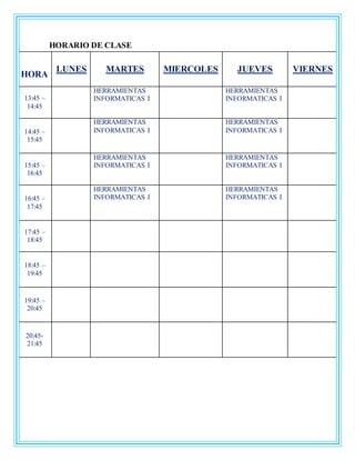 HORARIO DE CLASE
HORA
LUNES MARTES MIERCOLES JUEVES VIERNES
13:45 –
14:45
HERRAMIENTAS
INFORMATICAS I
HERRAMIENTAS
INFORMATICAS I
14:45 –
15:45
HERRAMIENTAS
INFORMATICAS I
HERRAMIENTAS
INFORMATICAS I
15:45 –
16:45
HERRAMIENTAS
INFORMATICAS I
HERRAMIENTAS
INFORMATICAS I
16:45 –
17:45
HERRAMIENTAS
INFORMATICAS I
HERRAMIENTAS
INFORMATICAS I
17:45 –
18:45
18:45 –
19:45
19:45 –
20:45
20:45-
21:45
 