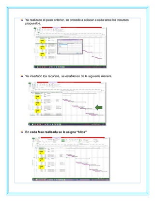 Ya realizado el paso anterior, se procede a colocar a cada tarea los recursos
propuestos.
Ya insertado los recursos, se establecen de la siguiente manera.
En cada fase realizada se le asigna “hitos”
 