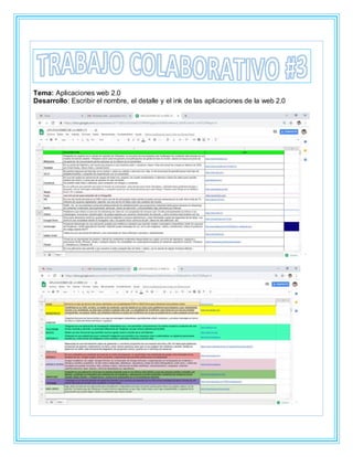 Tema: Aplicaciones web 2.0
Desarrollo: Escribir el nombre, el detalle y el ink de las aplicaciones de la web 2.0
 