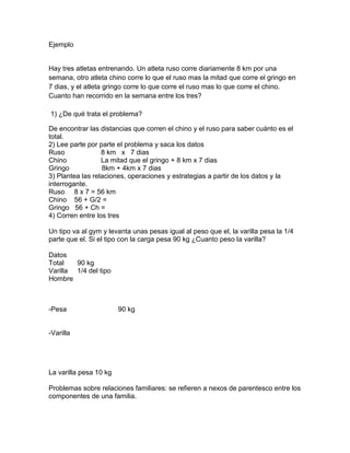 Ejemplo
Hay tres atletas entrenando. Un atleta ruso corre diariamente 8 km por una
semana, otro atleta chino corre lo que el ruso mas la mitad que corre el gringo en
7 dias, y el atleta gringo corre lo que corre el ruso mas lo que corre el chino.
Cuanto han recorrido en la semana entre los tres?
1) ¿De qué trata el problema?
De encontrar las distancias que corren el chino y el ruso para saber cuánto es el
total.
2) Lee parte por parte el problema y saca los datos
Ruso 8 km x 7 dias
Chino La mitad que el gringo + 8 km x 7 dias
Gringo 8km + 4km x 7 dias
3) Plantea las relaciones, operaciones y estrategias a partir de los datos y la
interrogante.
Ruso 8 x 7 = 56 km
Chino 56 + G/2 =
Gringo 56 + Ch =
4) Corren entre los tres
Un tipo va al gym y levanta unas pesas igual al peso que el, la varilla pesa la 1/4
parte que el. Si el tipo con la carga pesa 90 kg ¿Cuanto peso la varilla?
Datos
Total 90 kg
Varilla 1/4 del tipo
Hombre
-Pesa 90 kg
-Varilla
La varilla pesa 10 kg
Problemas sobre relaciones familiares: se refieren a nexos de parentesco entre los
componentes de una familia.
 