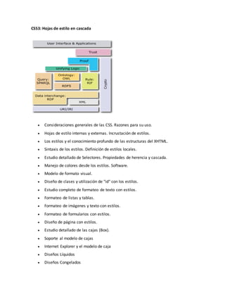 CSS3: Hojas de estilo en cascada
 Consideraciones generales de las CSS. Razones para su uso.
 Hojas de estilo internas y externas. Incrustación de estilos.
 Los estilos y el conocimiento profundo de las estructuras del XHTML.
 Sintaxis de los estilos. Definición de estilos locales.
 Estudio detallado de Selectores. Propiedades de herencia y cascada.
 Manejo de colores desde los estilos. Software.
 Modelo de formato visual.
 Diseño de clases y utilización de "id" con los estilos.
 Estudio completo de formateo de texto con estilos.
 Formateo de listas y tablas.
 Formateo de imágenes y texto con estilos.
 Formateo de formularios con estilos.
 Diseño de página con estilos.
 Estudio detallado de las cajas (Box).
 Soporte al modelo de cajas
 Internet Explorer y el modelo de caja
 Diseños Líquidos
 Diseños Congelados
 