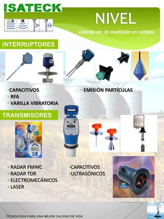 Lideres en la medición en sólidos

INTERRUPTORES




 •CAPACITIVOS                          • EMISIÓN PARTÍCULAS
 • RFA
 • VARILLA VIBRATORIA

TRANSMISORES




 • RADAR FMWC                    •CAPACITIVOS
 • RADAR TDR                     •ULTRASÓNICOS
 • ELECTROMECÁNICOS
 • LASER




TECNOLOGIA PARA UNA MEJOR CALIDAD DE VIDA
 
