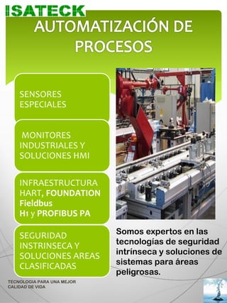 SENSORES
    ESPECIALES


     MONITORES
    INDUSTRIALES Y
    SOLUCIONES HMI

    INFRAESTRUCTURA
    HART, FOUNDATION
    Fieldbus
    H1 y PROFIBUS PA

    SEGURIDAD               Somos expertos en las
                            tecnologías de seguridad
    INSTRINSECA Y
                            intrínseca y soluciones de
    SOLUCIONES AREAS
                            sistemas para áreas
    CLASIFICADAS
                            peligrosas.
TECNOLOGIA PARA UNA MEJOR
CALIDAD DE VIDA
 